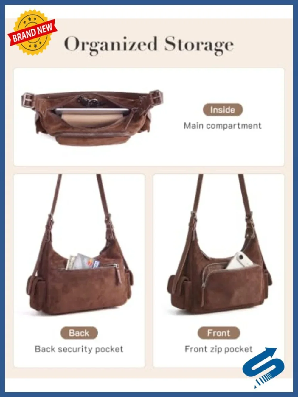 Faux Suede Crossbody Hobo Bag with Adjustable Strap, Multi Pockets for Travel